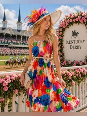 NWT Sam Edelman Pleated Floral Midi Dress Resort Vacation Colorful Sundress M